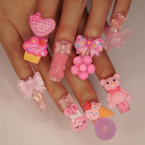 Uñas postizas a presión de color rosa, cuadradas, largas, de cobertura completa, 5D, con diseño de oso de corazón, con diseños brillantes, uñas