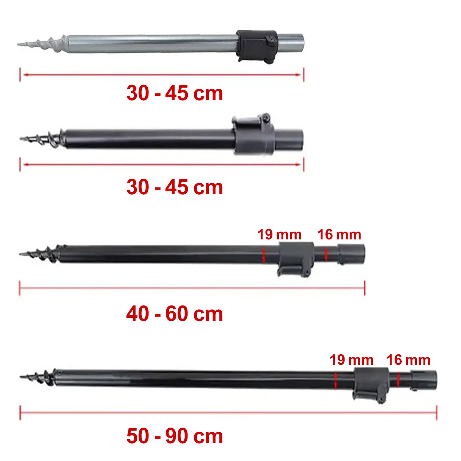 Hirisi Lot de 2 supports de cannes à pêche réglables en différentes longueurs de 30 à 90 cm avec filetage et piquet de tarière comme support de canne à pêche en aluminium