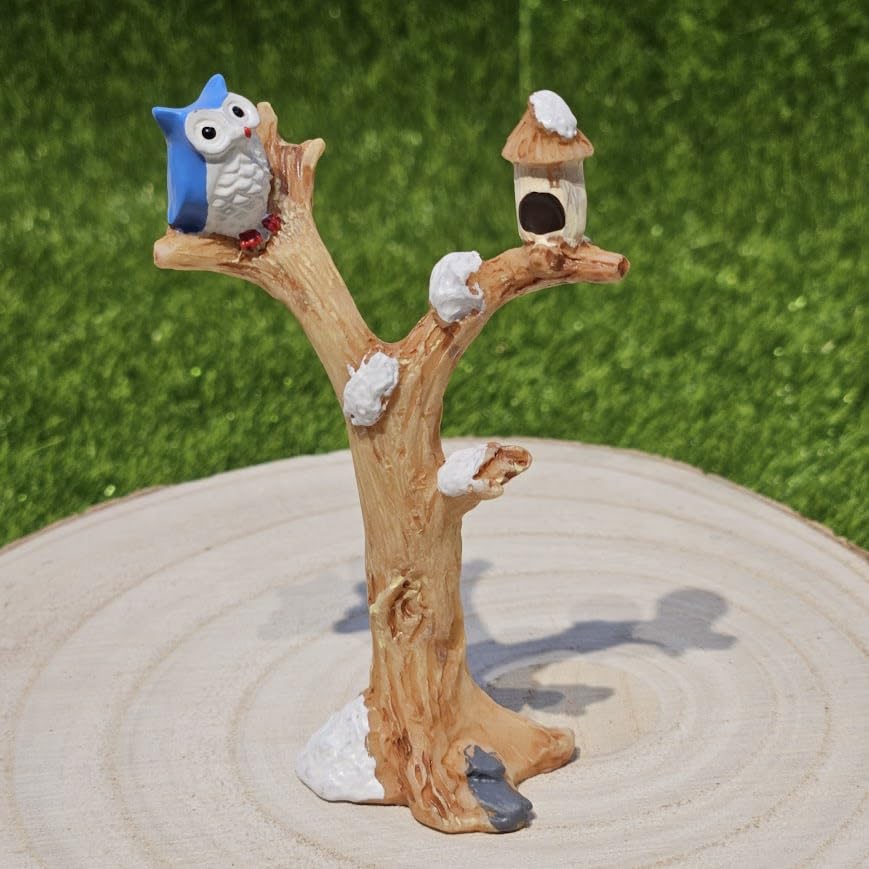 Image of Cute Miniature Owl on Tree Figurine for Mini Garden Decor | Fairy Garden, Terrarium & Dollhouse Accessory | Resin Owl Showpiece for Home Decor & Gifting