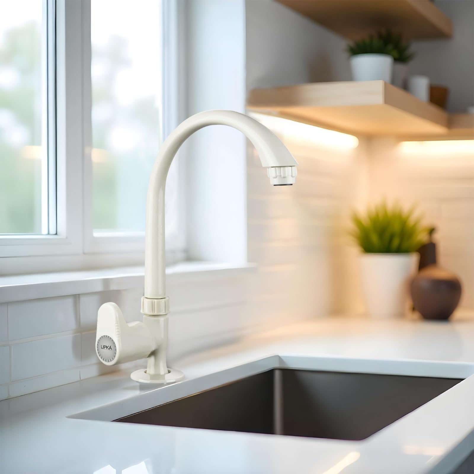 LIPKA Designo Swan Neck Swivel Spout Faucet Sink Cock | Wall Mount Sink for Kitchen | Wash Basins | Swan Long Neck Faucet | Plastic for Kitchen/Bathroom | Plastic Water | Lvory