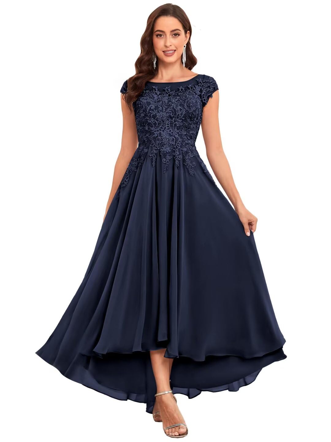 HANVAIOS Mother of The Bride Dresses Tea Length Cap Sleeve Lace Applique Mother of Groom Dress with Pockets