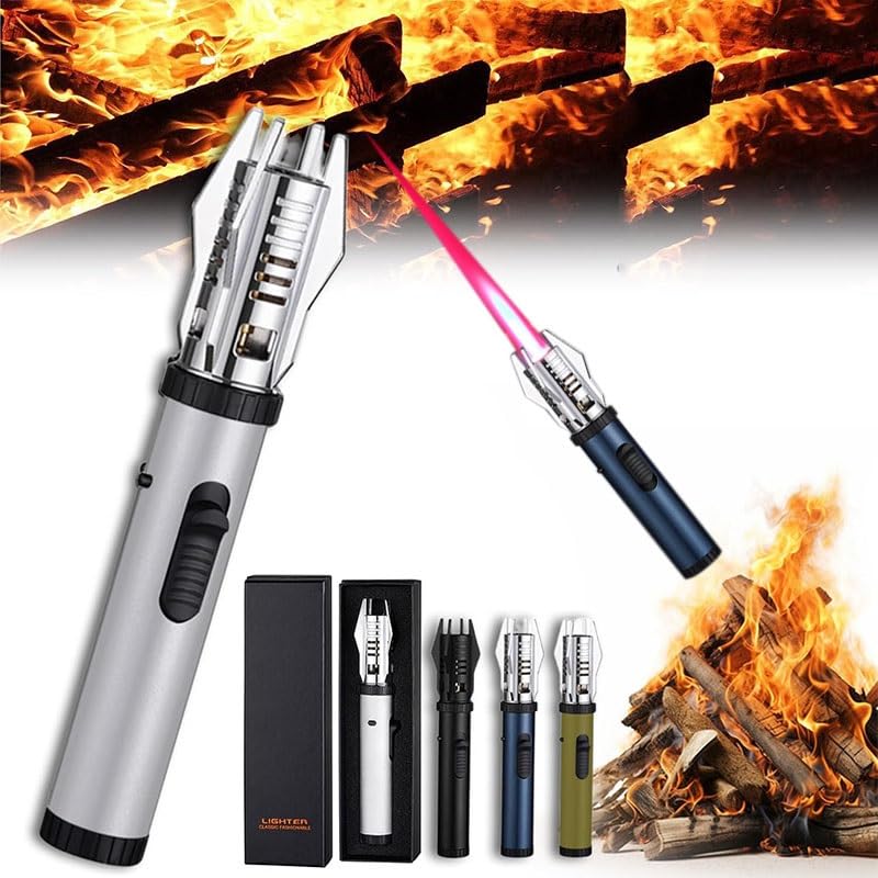 Camping Outdoor Windproof Straight Flame Lighter,Light Saber Lighter Torch，Fire Lighter，bright Flame Jet Torch Lighter with Safety Lock and Adjustable Red/blue Flame, Cool Lighter Gift for Men(Silver)