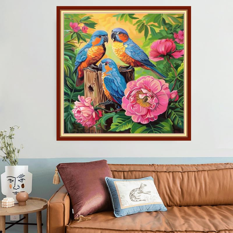 Image of Joyhoor Stamped Cross Stitch Kits for Beginners, Needlepoint Kits for Adults, 11CT Counted Embroidery Kits-Birds and Flowers 18x18 inchs