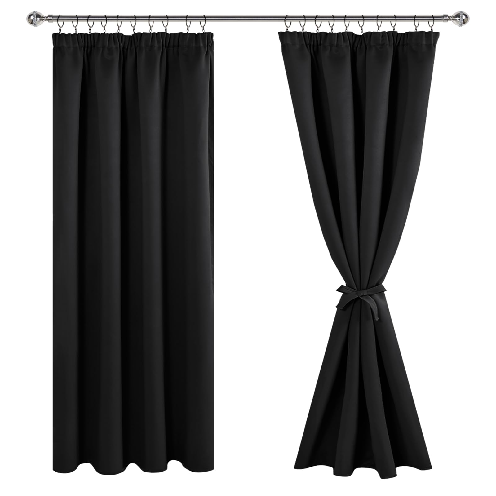 JIUZHEN Curtains with Ruffle Tape, Blackout Curtains, Opaque Curtains, Living Room Curtains, Bedroom, Thermal Curtain, Black