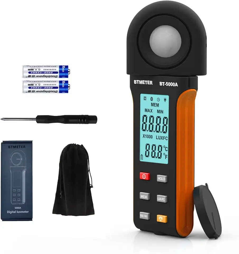 BTMETER Medidor de luz Lux Logger BT-5000A, medidor digital de lúmen mede intensidade de nível de iluminação 0,1 ~ 400.000 Lux. (0,1 ~ 40.000 FC). Luxômetro de vela de pé com registro de dados para