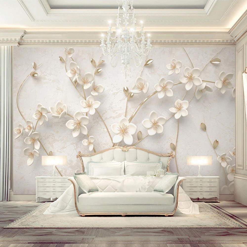 DAISHIHAN Mural Beautiful White Plum Blossom Golden 3D Three-Dimensional Relief Flower Wall Painting Bedroom Living Room Background Wallpaper