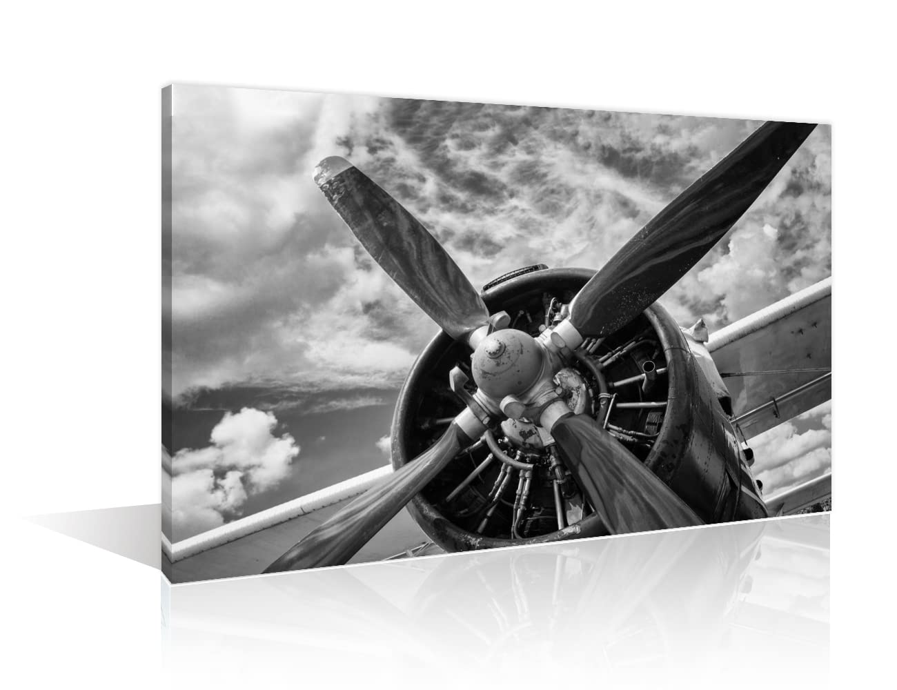Black White Pictures for Living Room Old Aircraft Engine Painting Giclee Artwork 1 Piece Prints on Canvas Radial Engine Wall Art House Decor Wooden Framed Gallery-Wrapped Ready to Hang(16" Wx24 H)