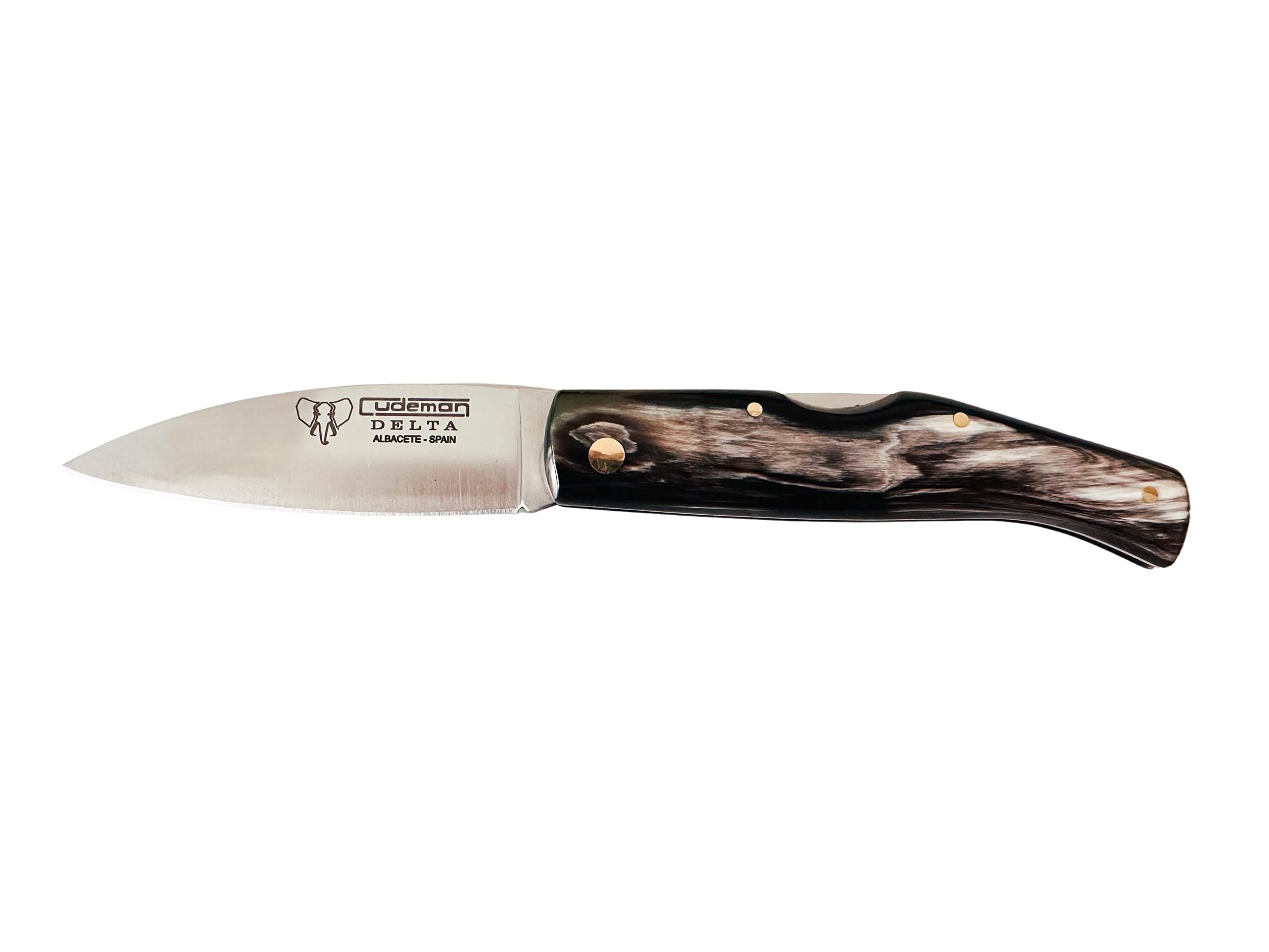 Navaja Cudeman Solsona Delta 344-A Hoja de Acero ACX-380 de 8,5 cm empuñadura de asta de toro de 11 cm y bloqueo trasero para Caza, Pesca, Supervivencia y bushcraft + Portabotellas Regalo (Con Funda)