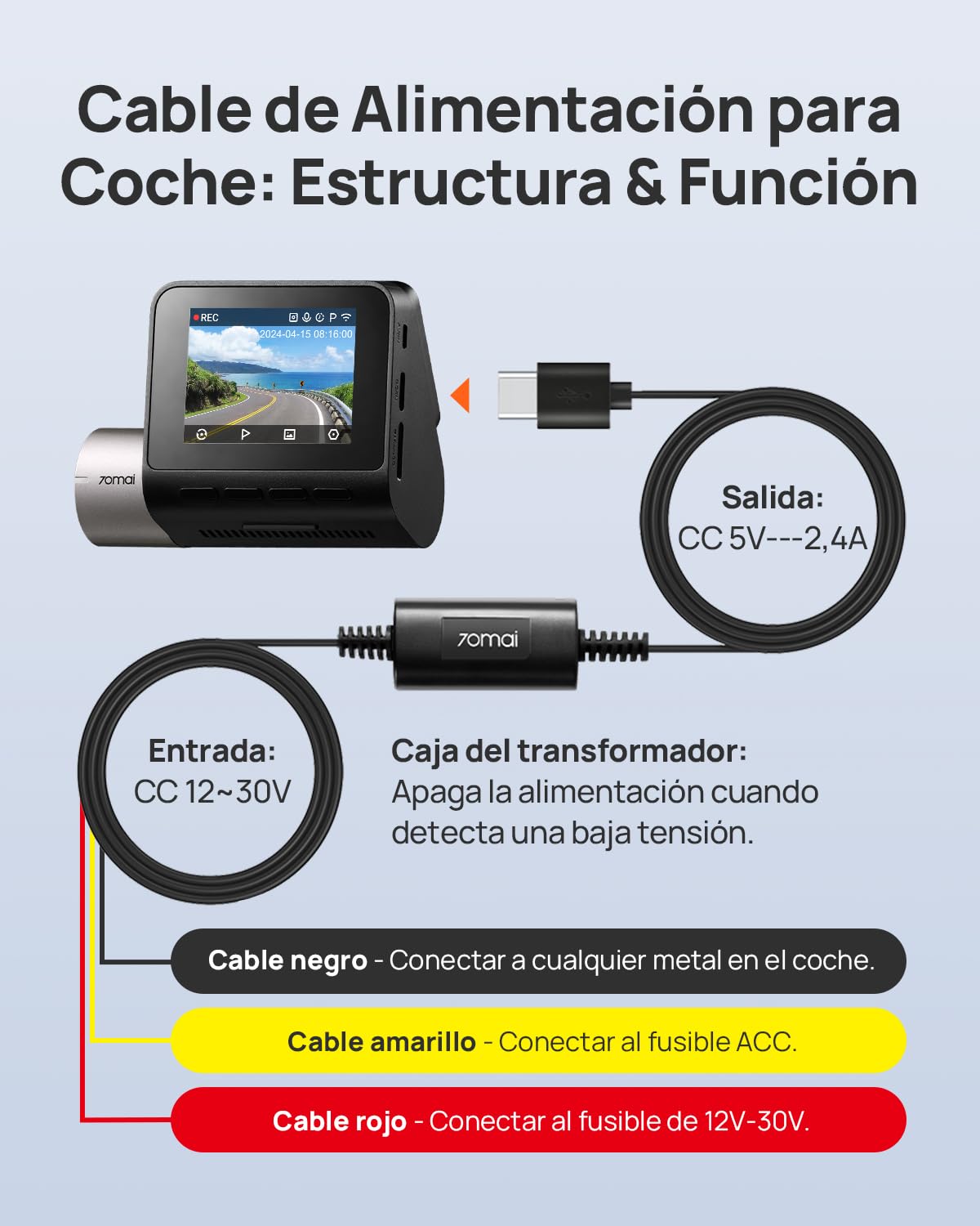 70mai Hardwire Kit UP03, 10ft Mini USB Car Dash Cams, 24 Horas de vigilancia de estacionamiento Fuente de alimentación Dash CAM Omni, M500