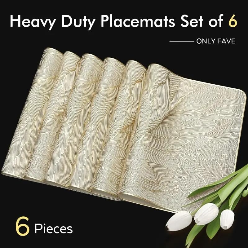 Image of Dakshya Industries PVC Waterproof Table Placemat & Table Runner Combo Set | 6 Dining Table Mats + 1 Runner | Heat Resistant, Washable, Non-Slip Table Mat Set (Classic Table)
