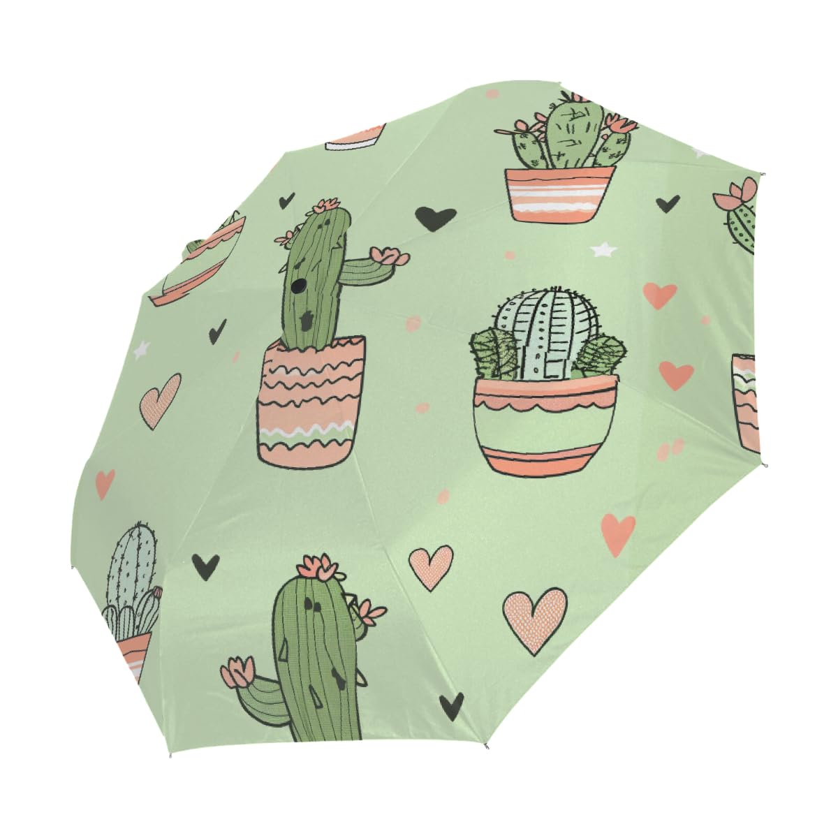 Carino Doodle Cactus Cuore Ombrello Pieghevole Ombrello Da Viaggio Compatto Antivento Impermeabile con Protezione UV Rivestimento Nero Leggero 8 Costine Portatile per Pioggia Sole