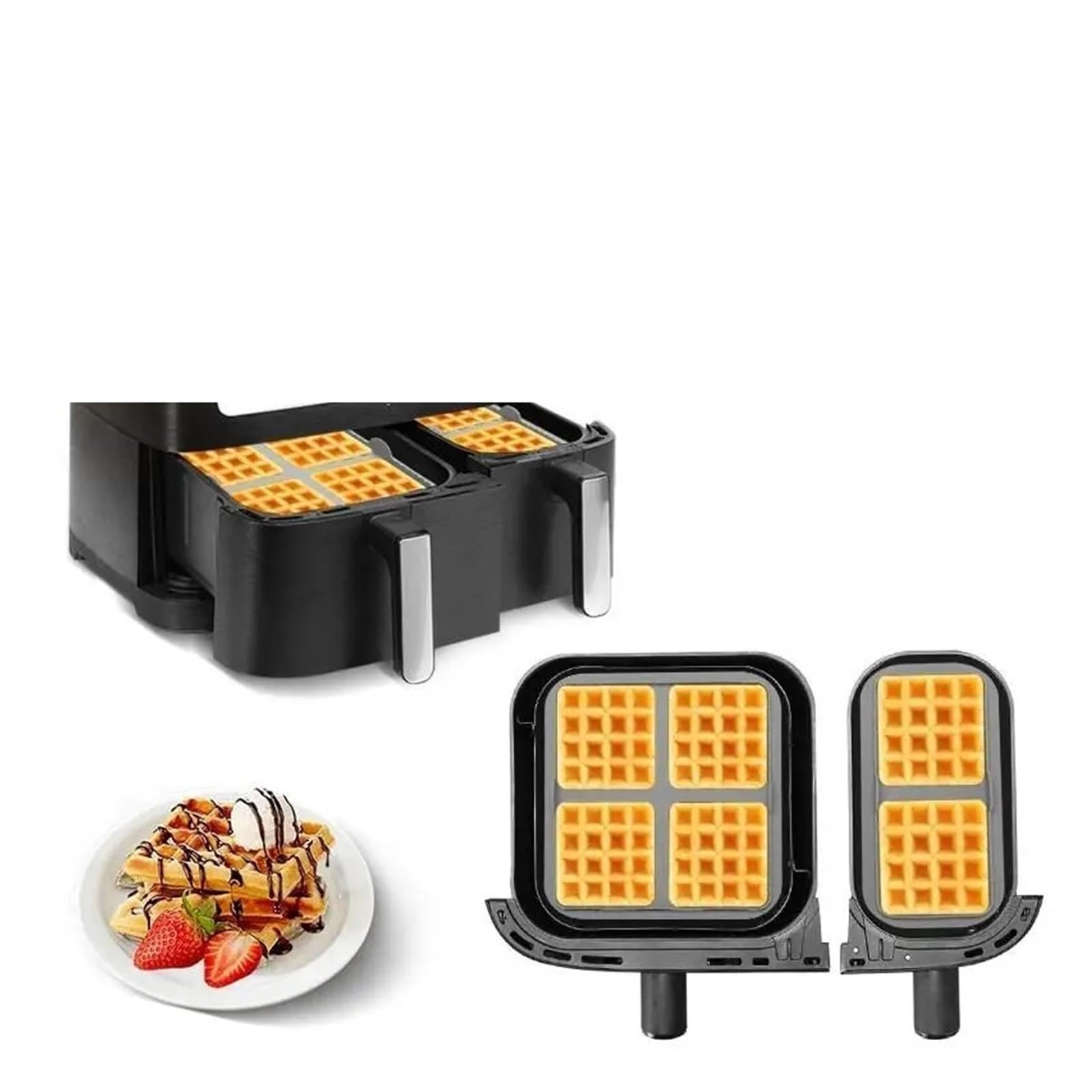 Air Fryer Waffle Mold, Reusable Silicone Baking Mat for Dual Basket Models, Non-Stick & Easy Clean, 1/2Pcs(Black2pcs)