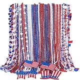 72PCS 4th of July Accessories, Independence Day Bead Necklaces, USA Hat Flags Pendant Patriotic Fourth of July Red Blue White Necklace, Metallic Necklace for Flag Day Parades Party Favors Decorations