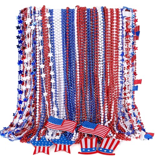 72PCS 4th of July Accessories, Independence Day Bead Necklaces, USA Hat Flags Pendant Patriotic Fourth of July Red Blue White Necklace, Metallic Necklace for Flag Day Parades Party Favors Decorations