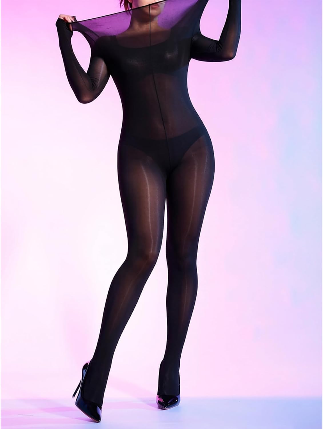 LESOYA Plus Size Body Stockings for Women Long Sleeve Shiny Bodystocking Nylon Sheer Catsuit Full Body Stocking