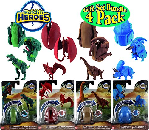Hatch 'n Heroes Transforming Dinosaur Figures Tyrannosaurus (T-Rex), Triceratops, Pteranodon & Brachiosaurus Complete Gift Set Bundle - 4 Pack