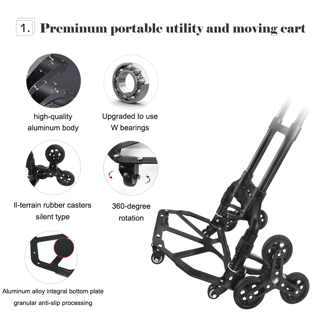 Carrello Portascale RJTEK Con Manico Telescopico, Capacità 100 Kg, Robusto E Leggero, Per Trasporto Bagagli E Pacchi, Nero