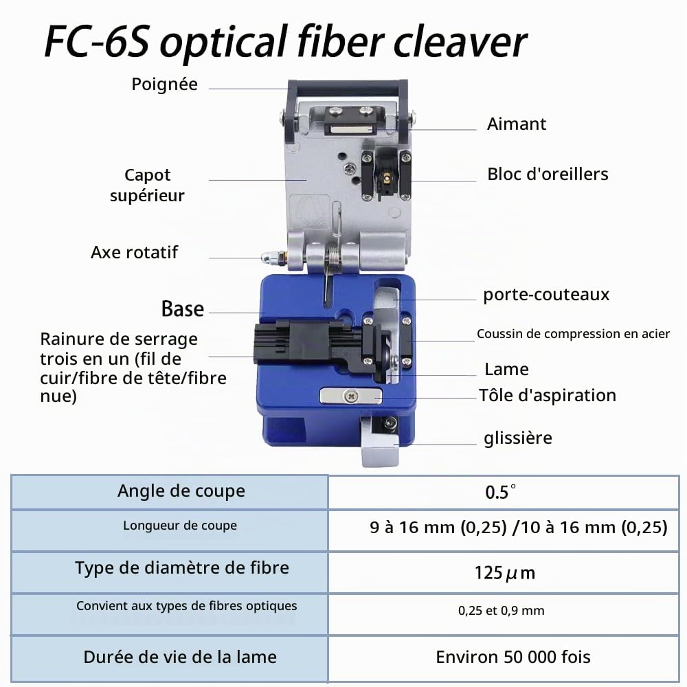 FTTH Kit Outils Fibre Optique avec Cliveuse FC-6S, Localisateur Visuel de Défauts 30mW 30KM, CFS-3 Pince à Dénuder, Ciseaux Kevlar et Photomètre