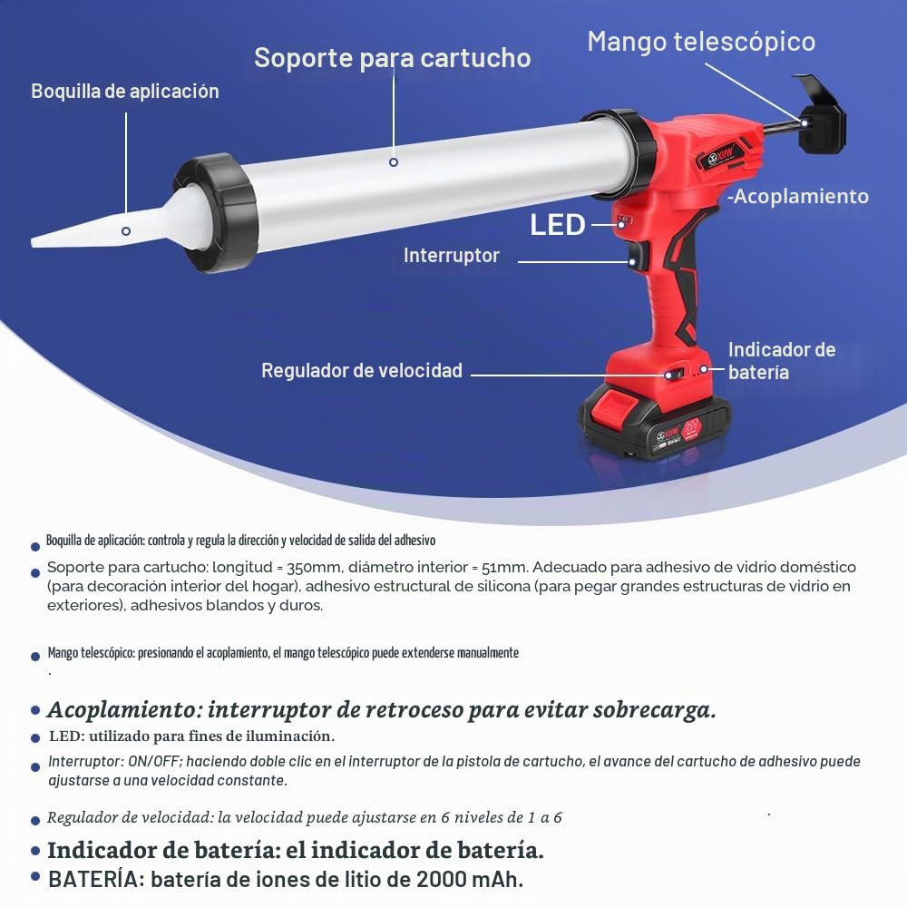 Prensa de cartuchos eléctrica de 500 W con 2 baterías (21 V 2 Ah), jeringa de silicona, pistola de calafateo 7840N con LED, 0-32 mm/s, 6 niveles ajustables, para salchichas de 600 ml, cartucho de 310