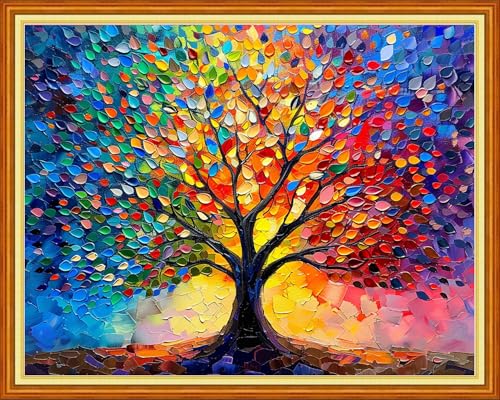 Image of Foxdiviy Stamped Cross Stitch Kits for Beginners Full Range of Cross Stitching 11 CT Printed Cross Stitch Kits for Adults Cross Stitch Patterns Needlepoint Kits-Colorful Sunlight Tree 16x20 inch