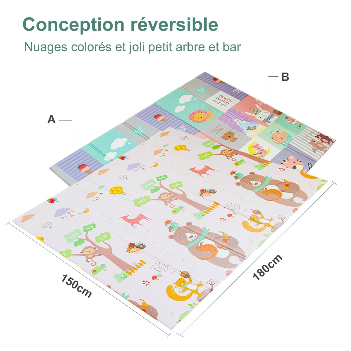 Tappeto Gioco Bambini, Antiscivolo e Ldrorepellente Tappeto Puzzle, Tappetino da Gioco a Doppia Faccia - Pieghevole - 1,3CM Foam - 177 x 196 CM - Palestrina Neonat - Tappeto Neonato Gattonamento