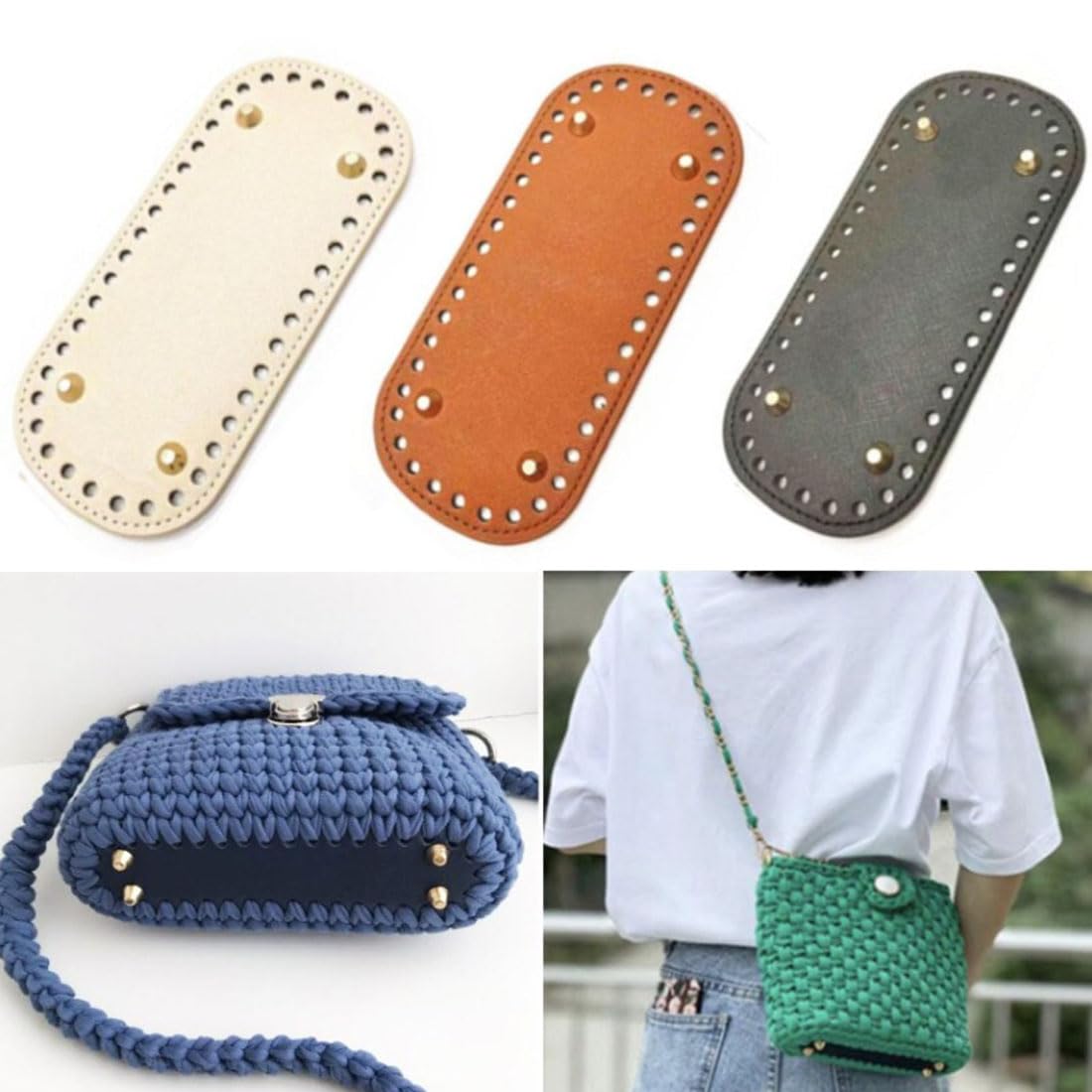 Fondi Per Borse All'Uncinetto - 8 Pezzi Pelle PU, 22x10cm, Con Fori E Uncinetti - Per DIY, Riparazioni - Foto 4