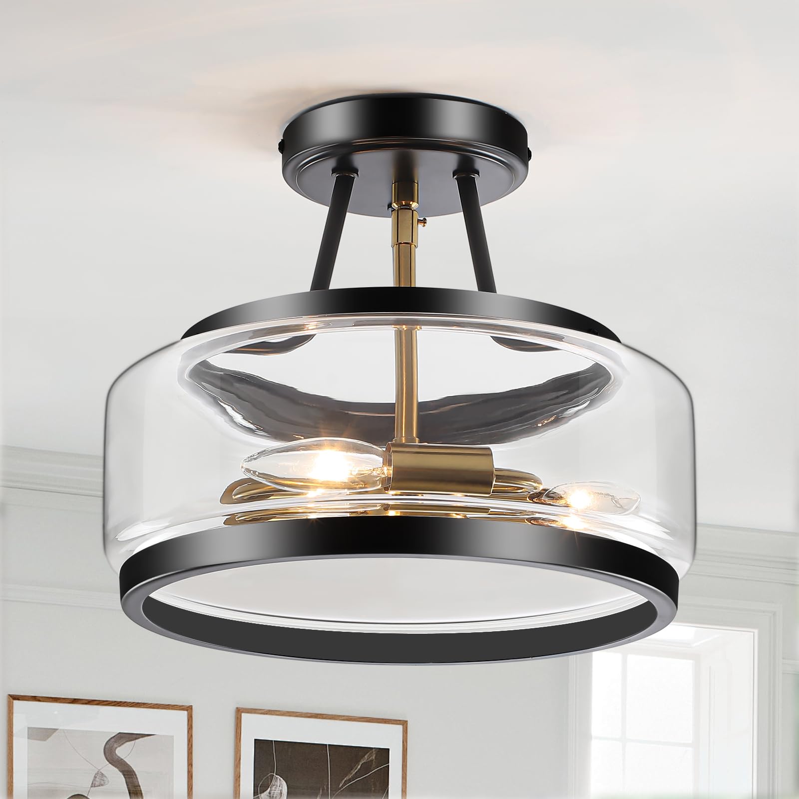 Photo 1 of 11.8" Black and Gold Semi Flush Mount Ceiling Light, Small Ceiling Lights with Clear Glass, Modern Drum Light Fixture for Hallyway Dining Room Foyer Entryway Bedroom Kitchen Bathroom, 3-Light