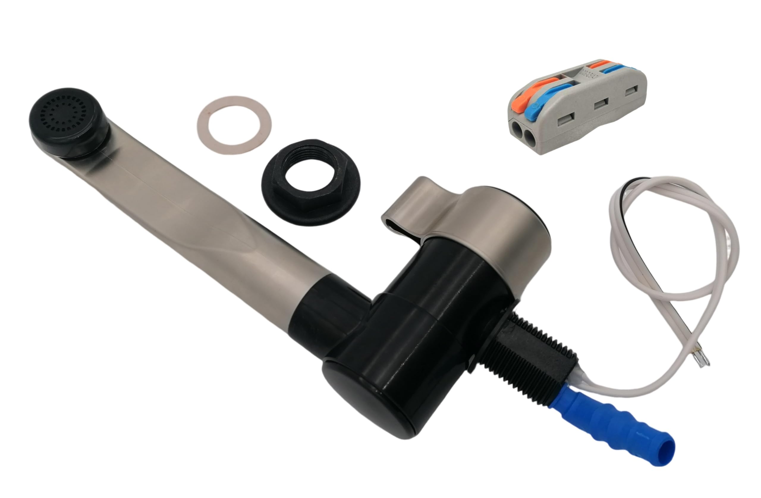 CR-MOESANCO KIT Grifo de Agua Fría con Conector Eléctrico para Caravana, Autocaravana, Camper o Barco con Interruptor 12v, Acabado Níquel Dorado, Orificio 27mm