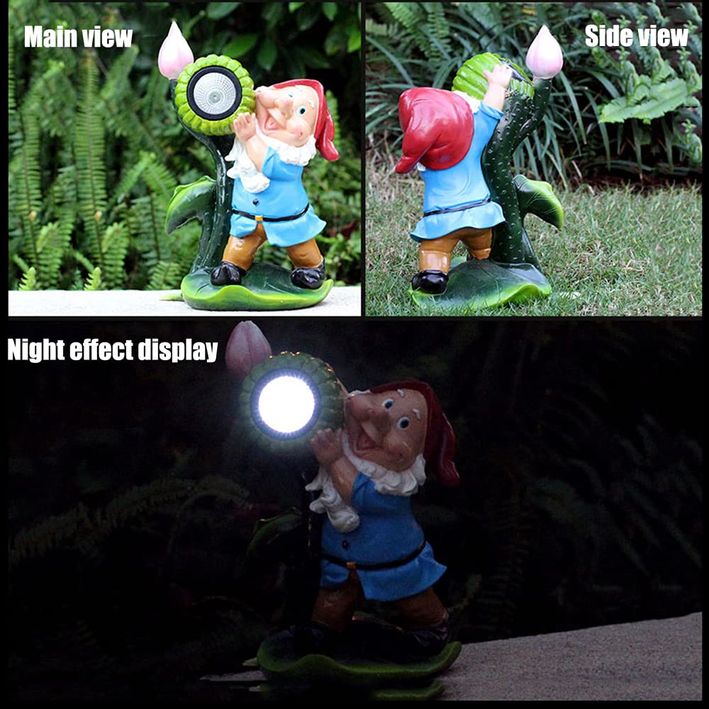 Garden Gnome ogrodowy posąg gnomów na zewnątrz gnomy led słonecznych ozdoby figurki, ręcznie malowane warunkowe, gigantyczne wystrój trawnika Smurf, oświetlenie 8h, b