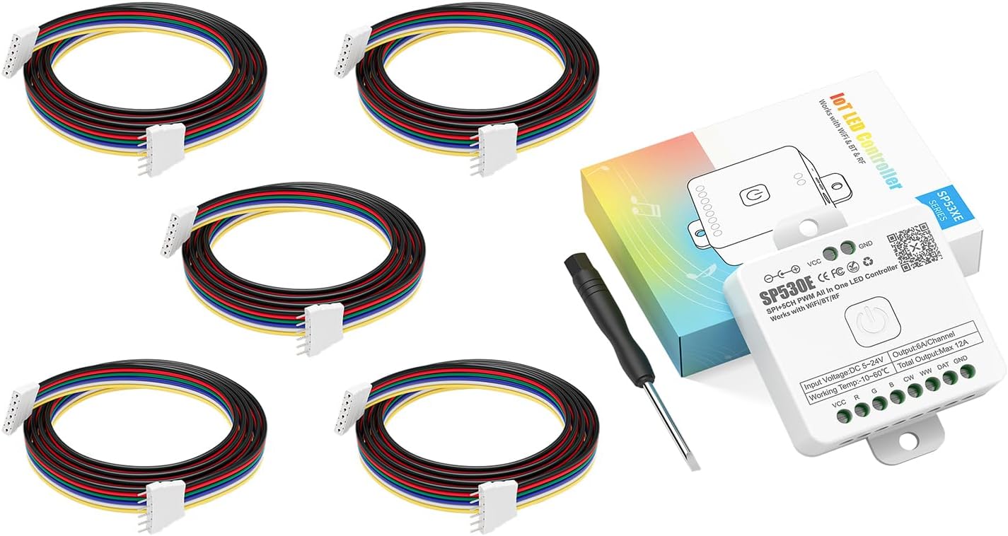 5pcs 22AWG 6 Pin JST Male Female Plug LED Connector 1.64ft(0.5m) Extension Cable for RGBCCT w/12-in-1 WiFi Bluetooth LED Controller SP530E