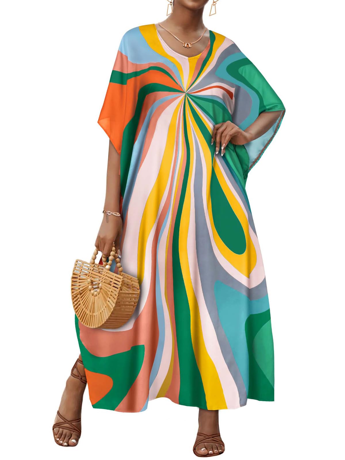 Kaftan Dresses for Women Plus Size V Neck Caftan Long Batwing Sleeve Swimsuit Cover Up Beach Swimwear