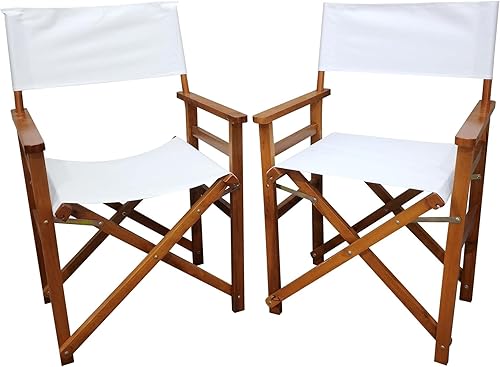 Folding Director Chair Set of 2 White Wood and Canvas Foldable Chairs for Indoor Outdoor Use, Portable Populus Frame Seating
