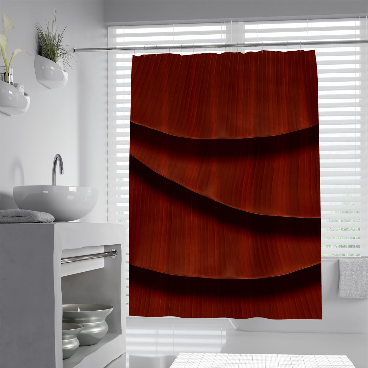 UIRINGART Red Banana Leaf Shower Curtain W150xL180cm Abstract Tropical Layered Foliage Waterproof Machine Washable Bath Drape with Hooks