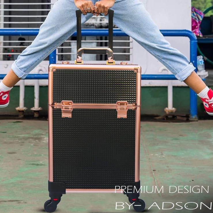 Image of Adson Multifunctional Professional Beauty Makeup Artist Rolling Cosmetic Aluminium Vanity Trolley Beauty Train case Makeup Cosmetic Trolley Hairstylist Travel Organizer (Black & Brown)