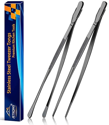JETKONG 2 Pcs 12-Inch Food Tweezer Tongs, Stainless Steel Kitchen Tweezer Cooking Tweezers (Black) - 12+12 Inch - Black
