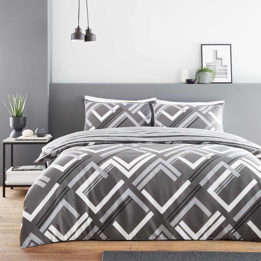 Goldstar Shop Reversible Print Duvet Cover Set Polycotton Quilt Cover With Pillow Case Bedding Set (King, Harlow Charcoal Geo Stripes)