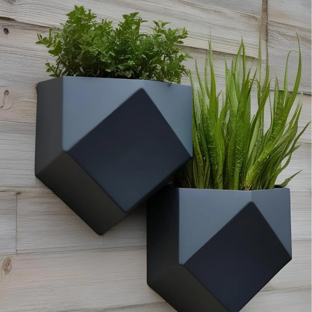 Modern Geometric Low Poly Wall Hanging Planter for Outdoor Use (Pack of One or Two) (2, Black, Large 25x23x14c)