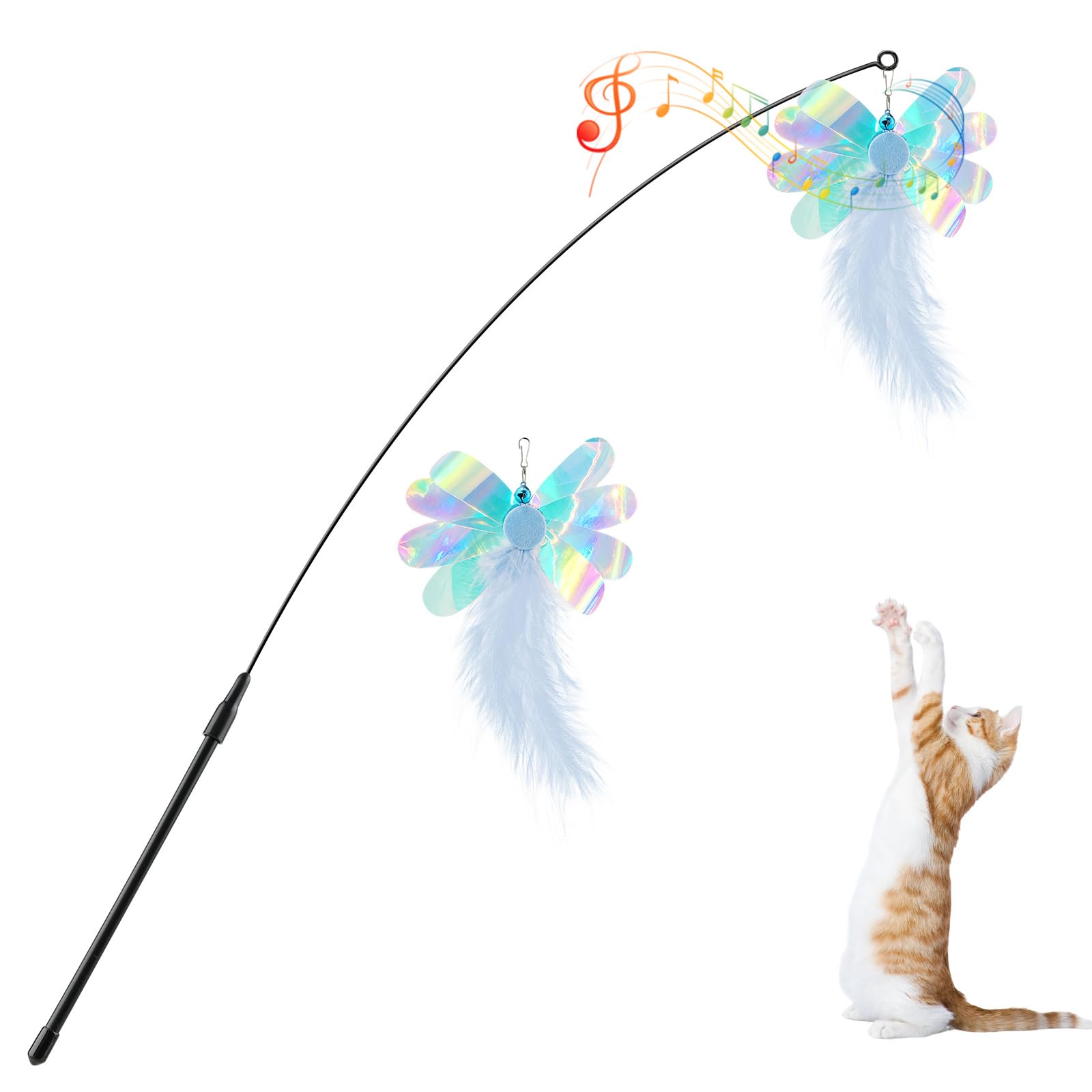 Pawaboo Feather Teaser Cat Toy, Interactive Feather Wand Cats Toy Flying Feathers Cat Catcher with Extra Long 34.5" Wand and Small Bell, Exerciser Playing Toys for Kitten or Cats, Blue Butterfly โ image 1