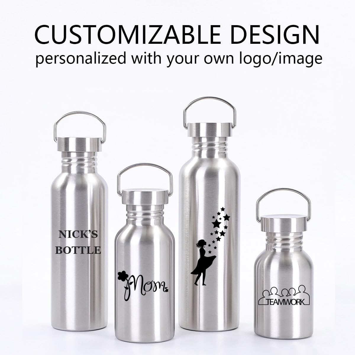 2 Pack Customized Logo Stainless Steel Sports Water Bottle – Durable, Non-Insulated Metal Cups for Outdoor, Hiking & Fitness (68oz / 2000ml)