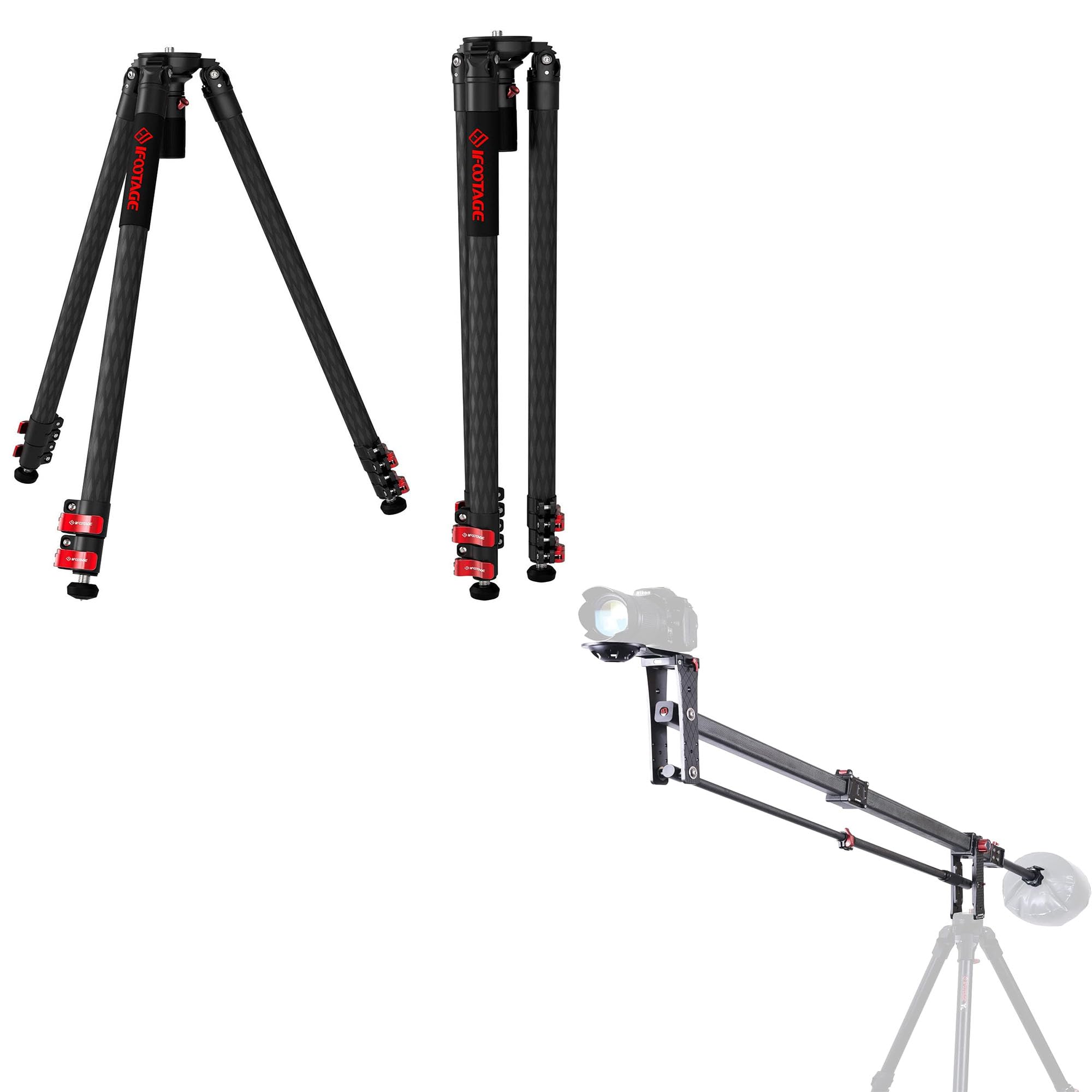 IFOOTAGE Bundle – 61” Carbon Fiber Video Tripod with Quick Fastbowl and 85” Carbon Fiber Mini Jib Crane M1 III, Professional Support for DSLR Cameras, Camcorders, and Video Productions