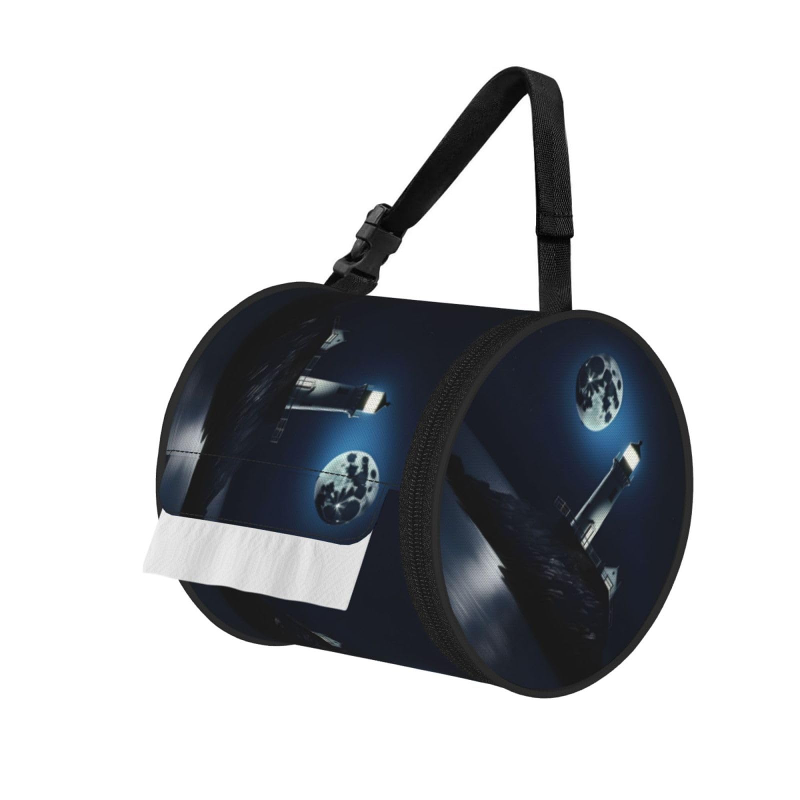Jiuty Black Moonlight Lighthouse Print Cylinder Tissue Organizer Bag With Strap, Portable Toilet Roll Holder For Camping Car