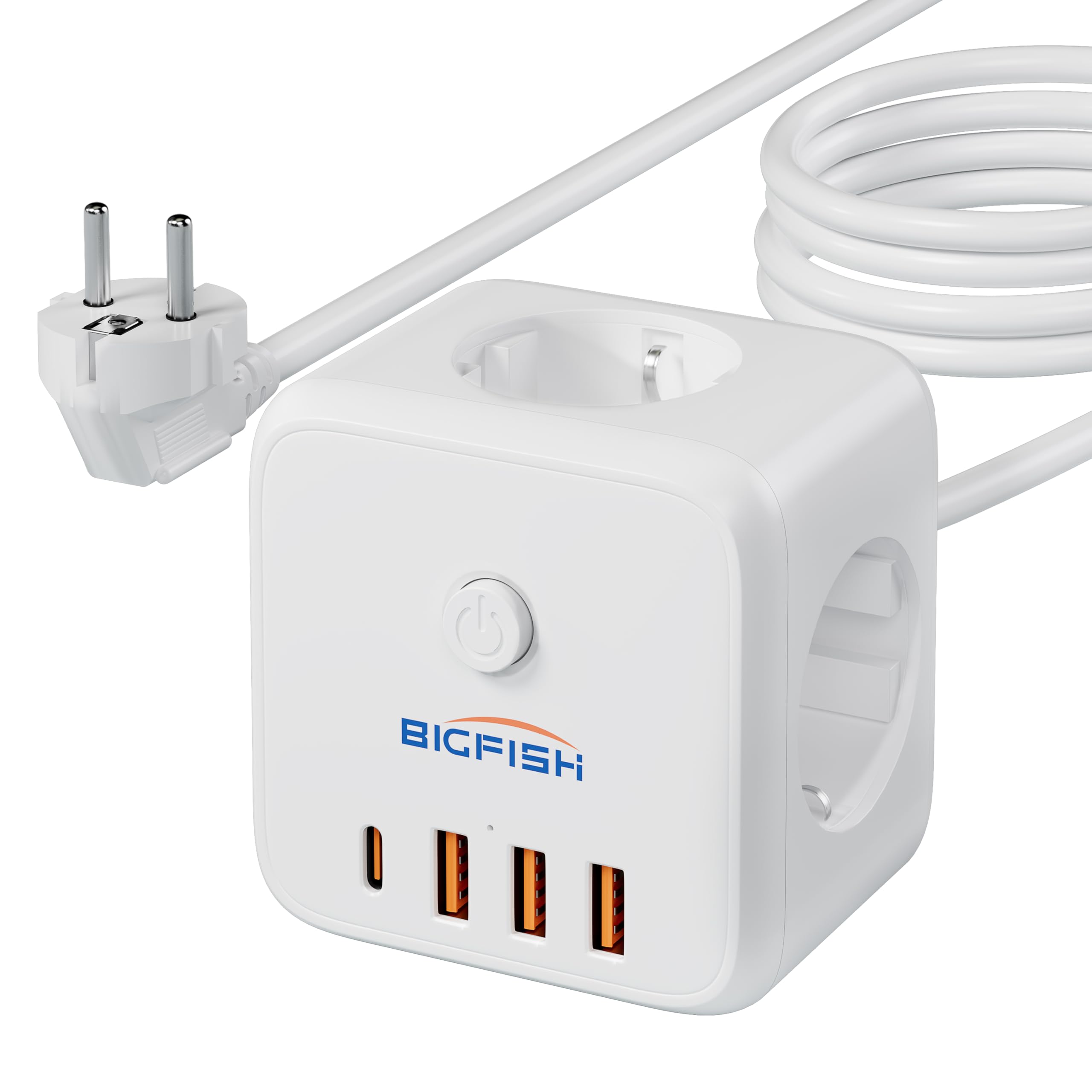 Bigfish 3 Fach Steckdosenleiste mit USB C, Mehrfachsteckdose mit 4 USB, Steckdosenwürfel mit 3 Meter Kabel, Mehrfachstecker mit Schalter für Büro & Zuhause