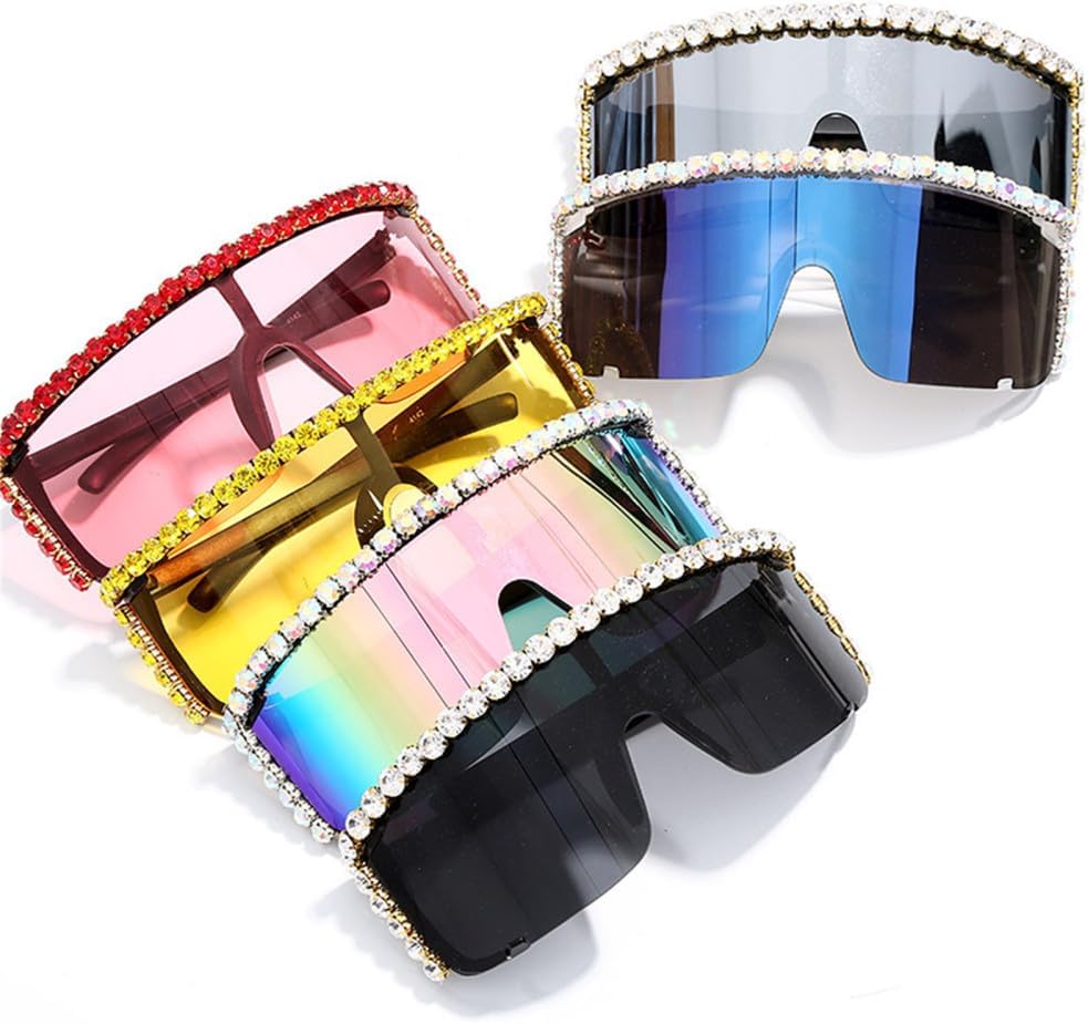 [HPIRME] 特大ダイヤモンドサングラス女性ミラーゴーグルサングラスレディースパンクラインストーン眼鏡 UV400