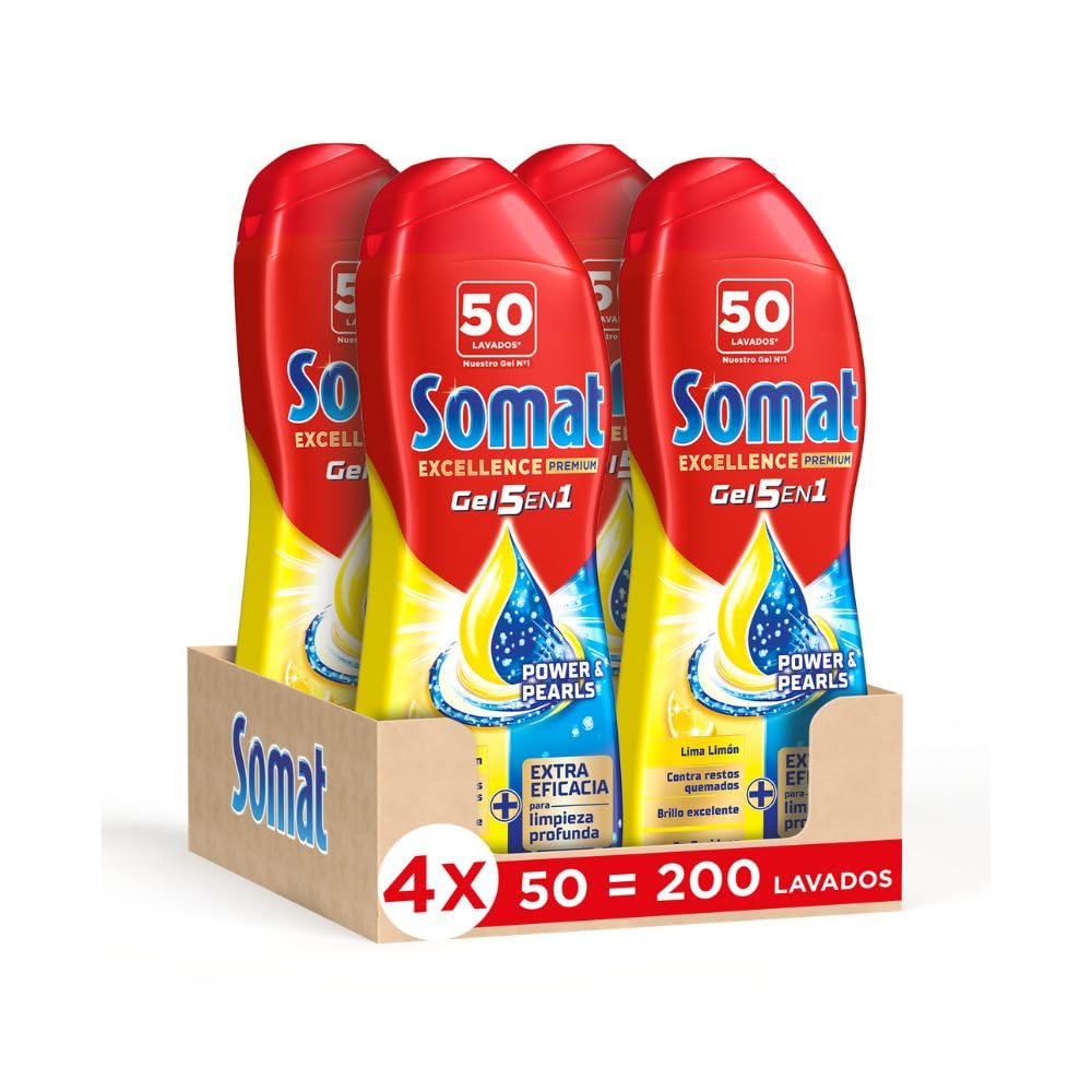 Somat Excellence 5 en 1 Gel Premium para Lavavajillas (200 Lavados), Detergente para Lavavajillas con Aroma a Limón, Para una Vajilla Perfectamente Limpia Incluso en Programas Eco y Ciclos Cortos