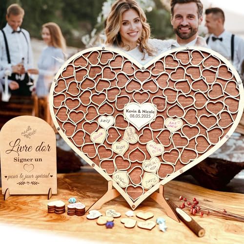 Livre d'or de mariage cool en forme de coeur en bois livre d'or alternatif puzzle en bois anniversaire remise des diplômes décoration cadeaux de mariage (Color1-...