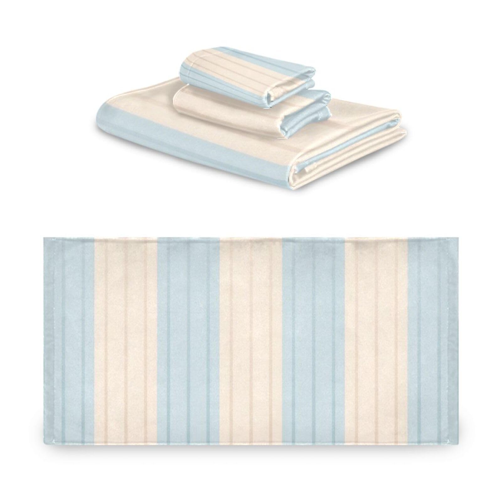 Set di 3 asciugamani assorbenti per il viso a righe blu, beige, tinta unita, set da 3 pezzi, 1 asciugamano da bagno, 1 asciugamano per le mani, 1 panno per la casa, cucina e famiglia