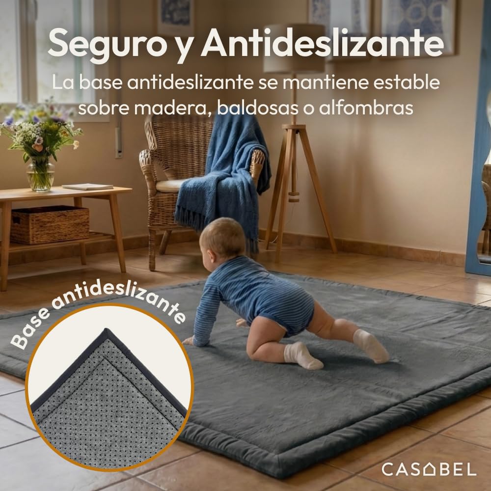 CASABEL Alfombra de Juego para Bebé de Terciopelo Gris 120×120 cm, Gruesa y Suave, Espuma cómoda, Base antideslizante, Fácil de limpiar, Elegante para habitación infantil