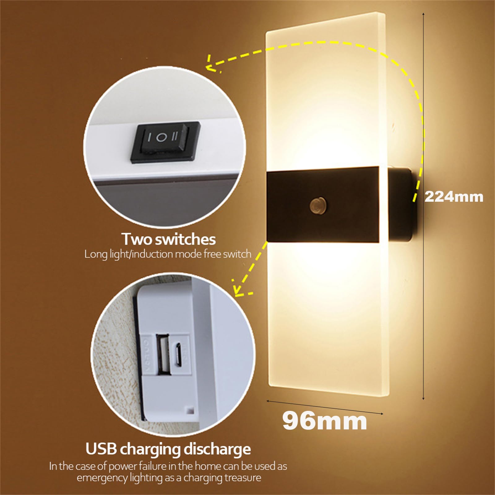 Applique da Parete a Batteria LED con sensore di Movimento Applique da Parete Senza Fili USB con interruttori Apparecchi per corridoio Comodino Ingresso (Bianco, Luce Bianca)