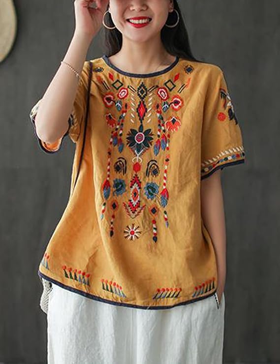SeekMe Women's Cotton Linen Tops Embroidered Short Sleeve Peasant Boho Mexican Tunic Top Festival Casual Loose T Shirt