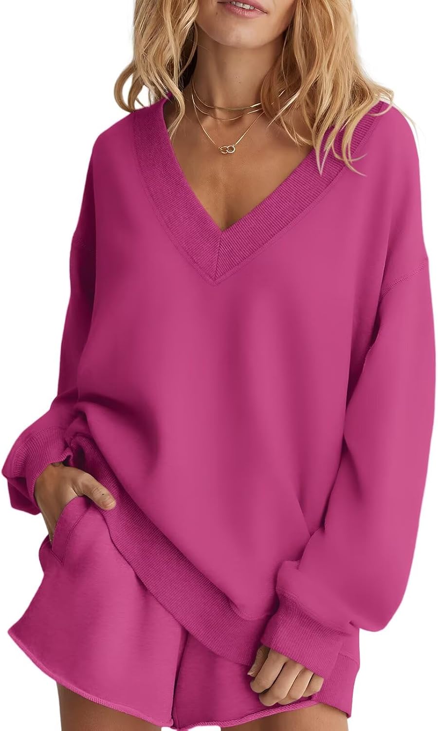 Womens Fleece Lined V Neck Sweatshirts Oversized Pullover Trendy Fashion Sweater Loose Fit Tops